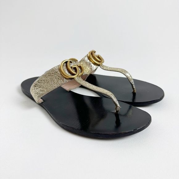 Gucci Shoes - GUCCI Marmont Gold Sandal Size 38.5 US 8.5 Double GG Metallic Leather Flat Slide